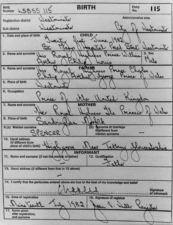Birth registration of Prince William