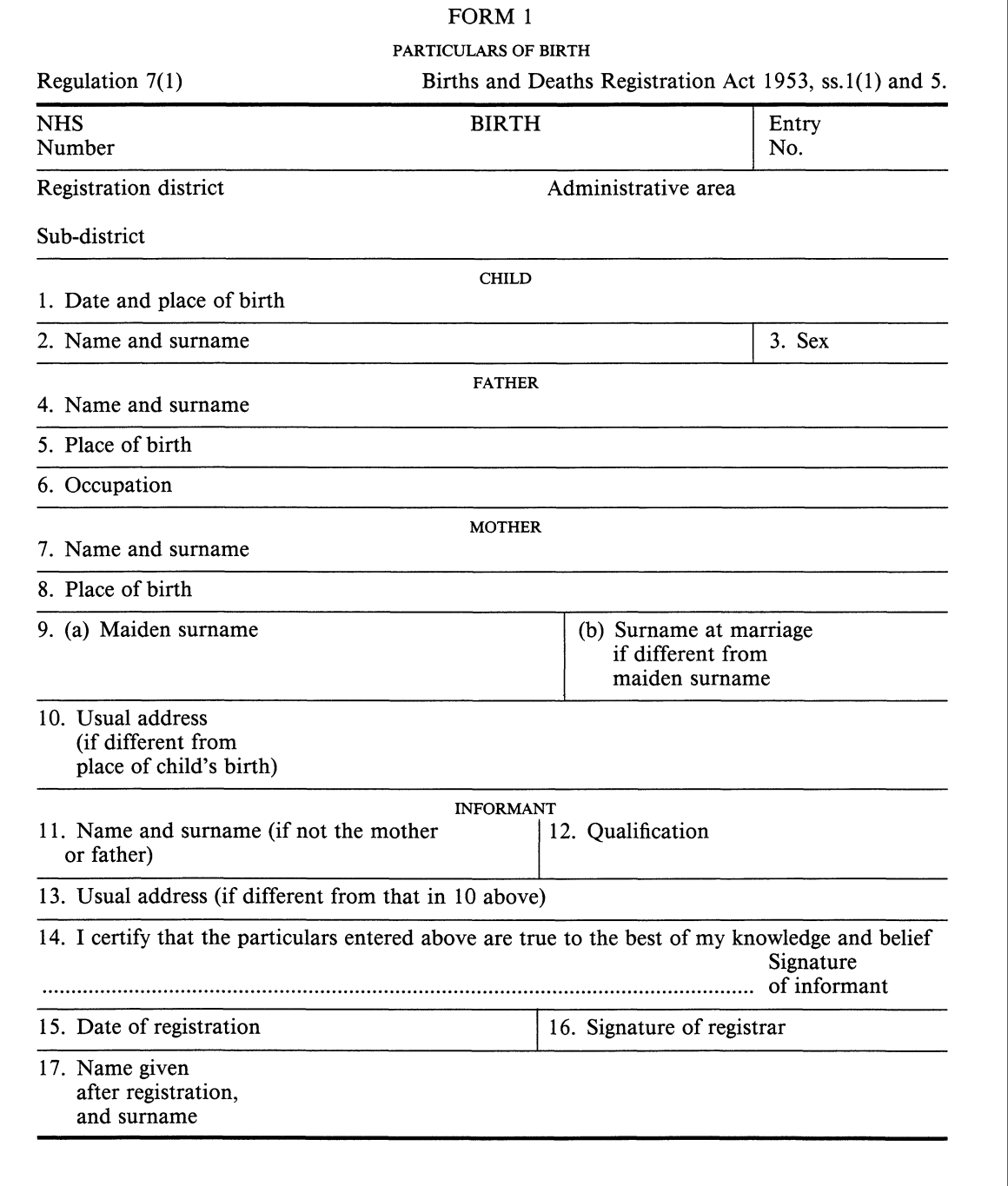 Birth registration Form 1 (England & Wales)