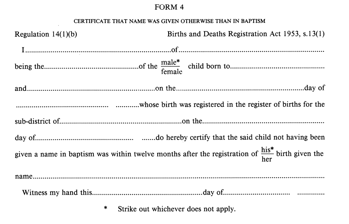 Birth registration Form 4 (England & Wales)