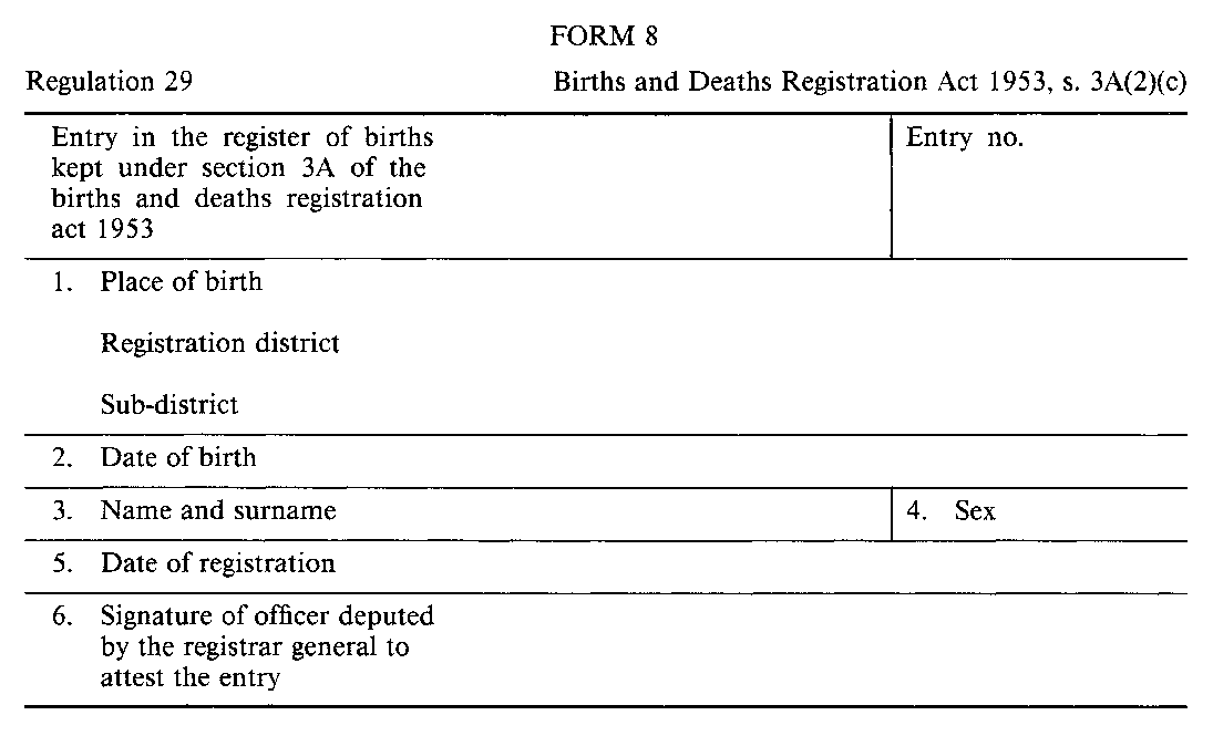 Form 8 — particulars (concerning a birth of an abandoned child) required to be registered