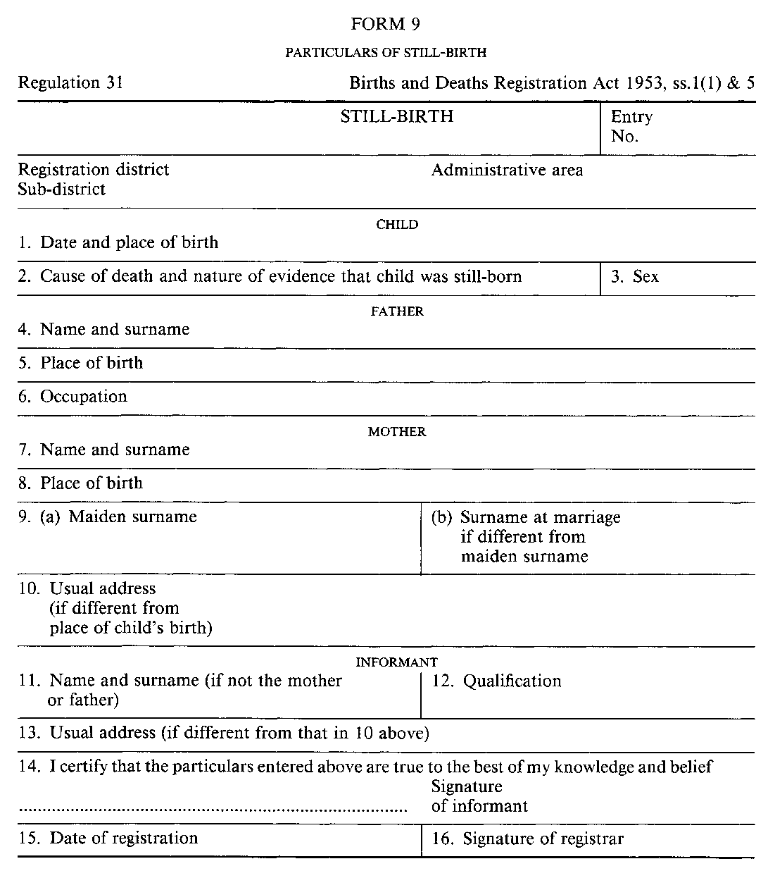 Form 9 — particulars concerning a still-birth required to be registered