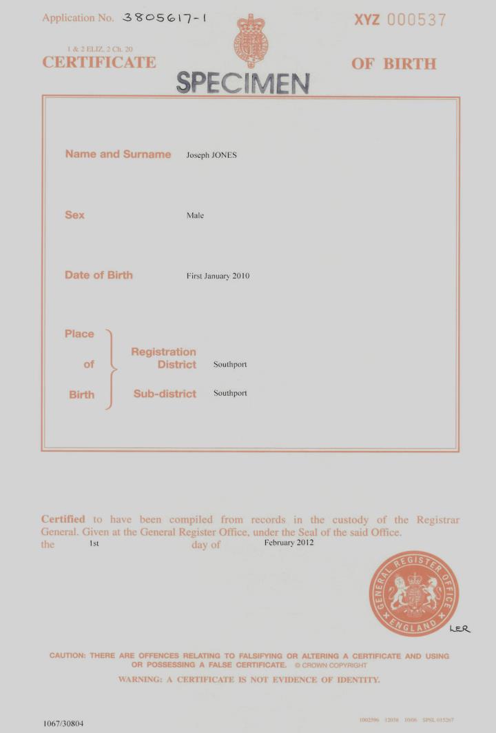 Certificate of Birth (England & Wales)