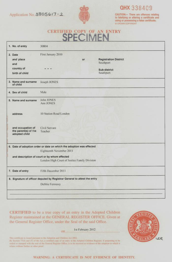 Certified Copy of an Entry in the adopted children register (England & Wales)