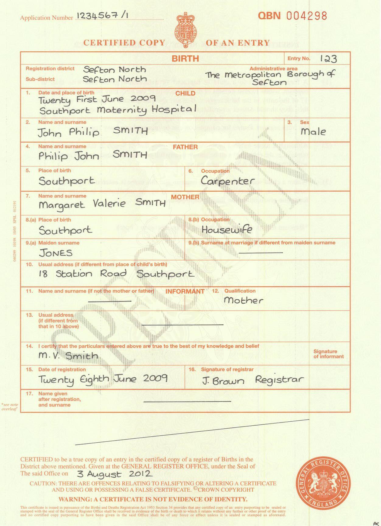 Certified Copy of an Entry (England & Wales)